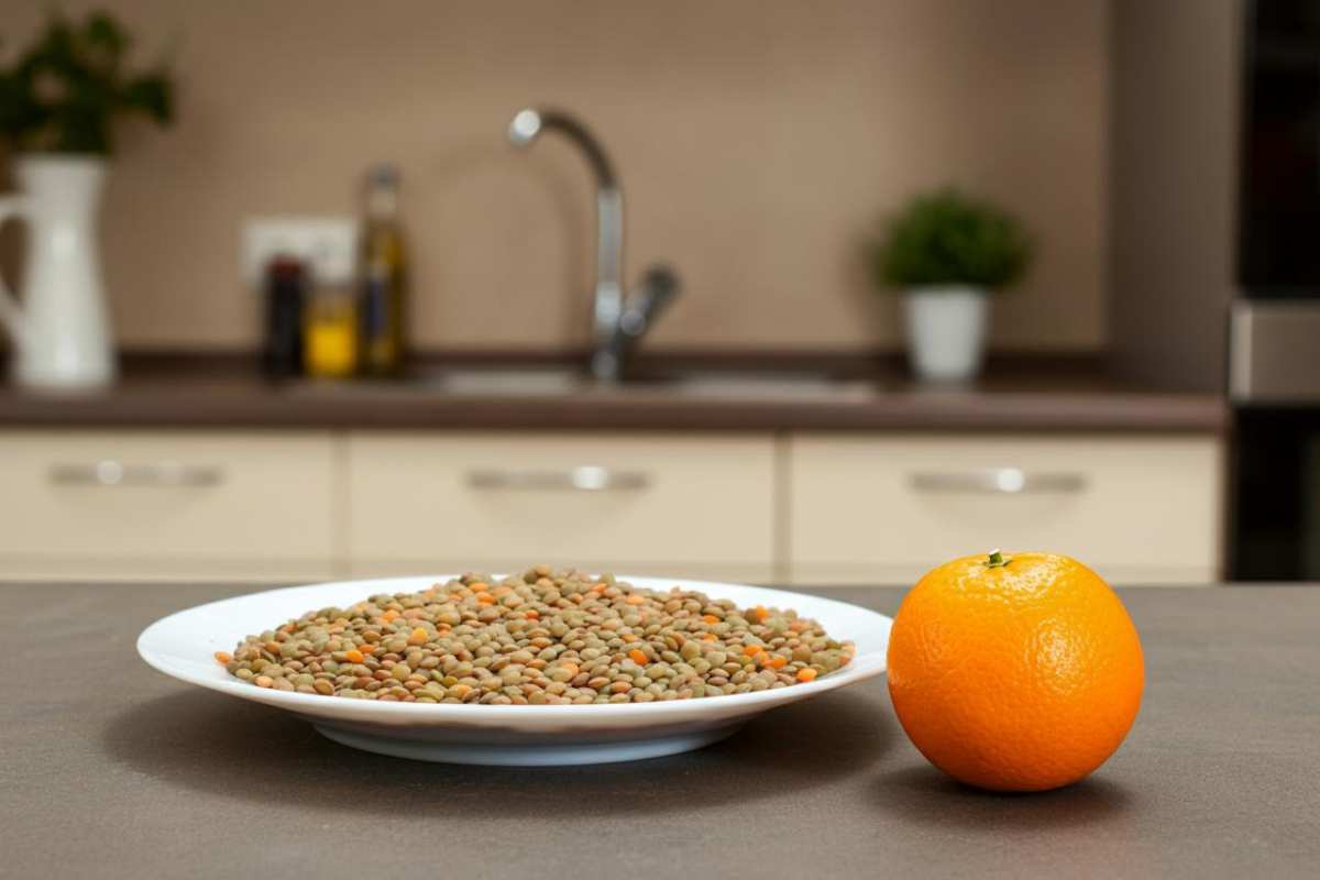 lenticchie e arancia per l'assorbimento del ferro