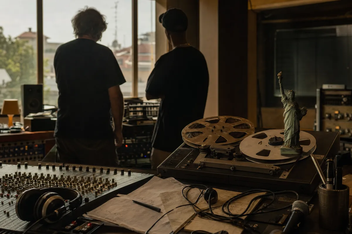 Studio di registrazione con mixer analogico, registratore a bobine e statuetta della Statua della Libertà; due musicisti di
