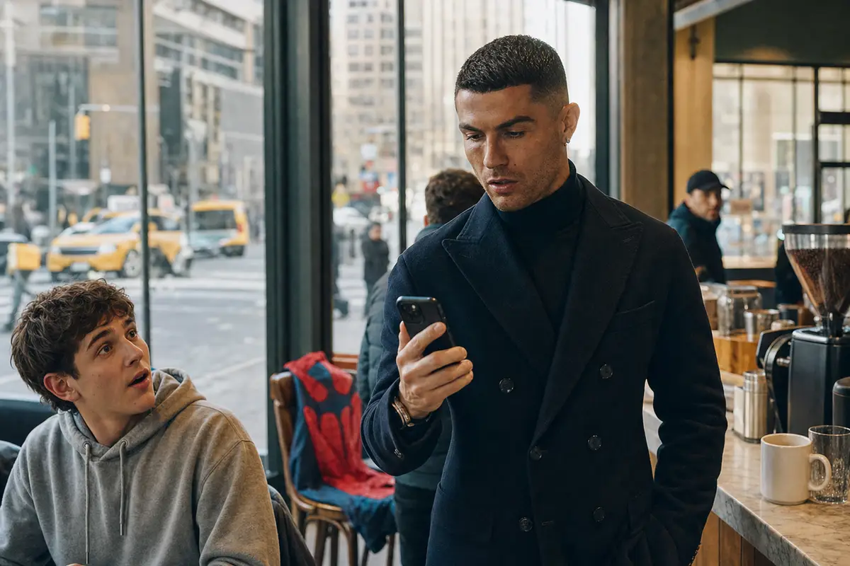 Uomo in cappotto scuro guarda lo smartphone in una caffetteria, mentre un ragazzo in felpa lo osserva sorpreso