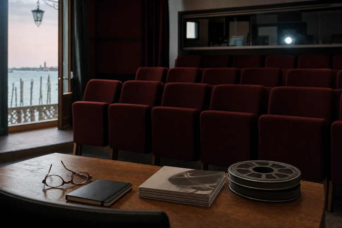 Sala cinema vuota con poltrone rosse, tavolo con occhiali, taccuino e bobina, e finestra sulla laguna