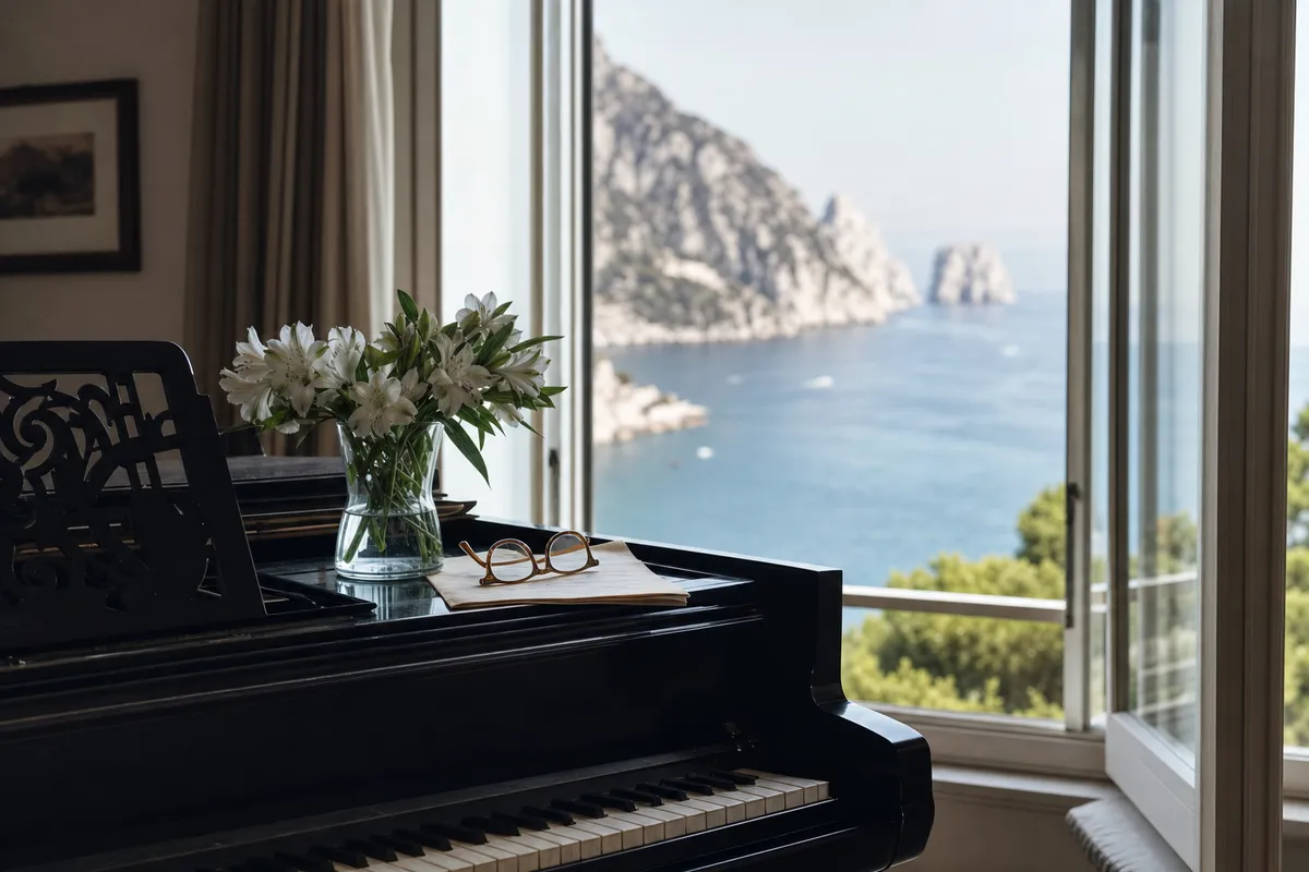 Pianoforte nero con fiori bianchi e occhiali, vicino a una finestra aperta sul mare e le scogliere di Capri