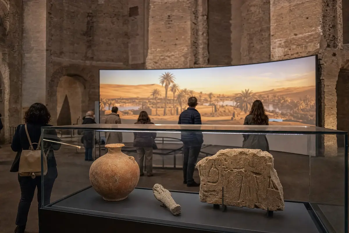 Vetrina museale con vaso in terracotta e frammenti archeologici davanti a schermo curvo con oasi nel deserto