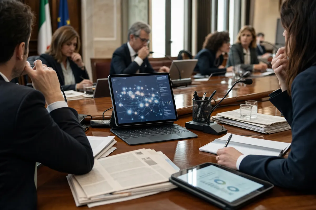 Riunione istituzionale attorno a un tavolo con microfoni e documenti, tablet al centro con grafico a rete e laptop aperti