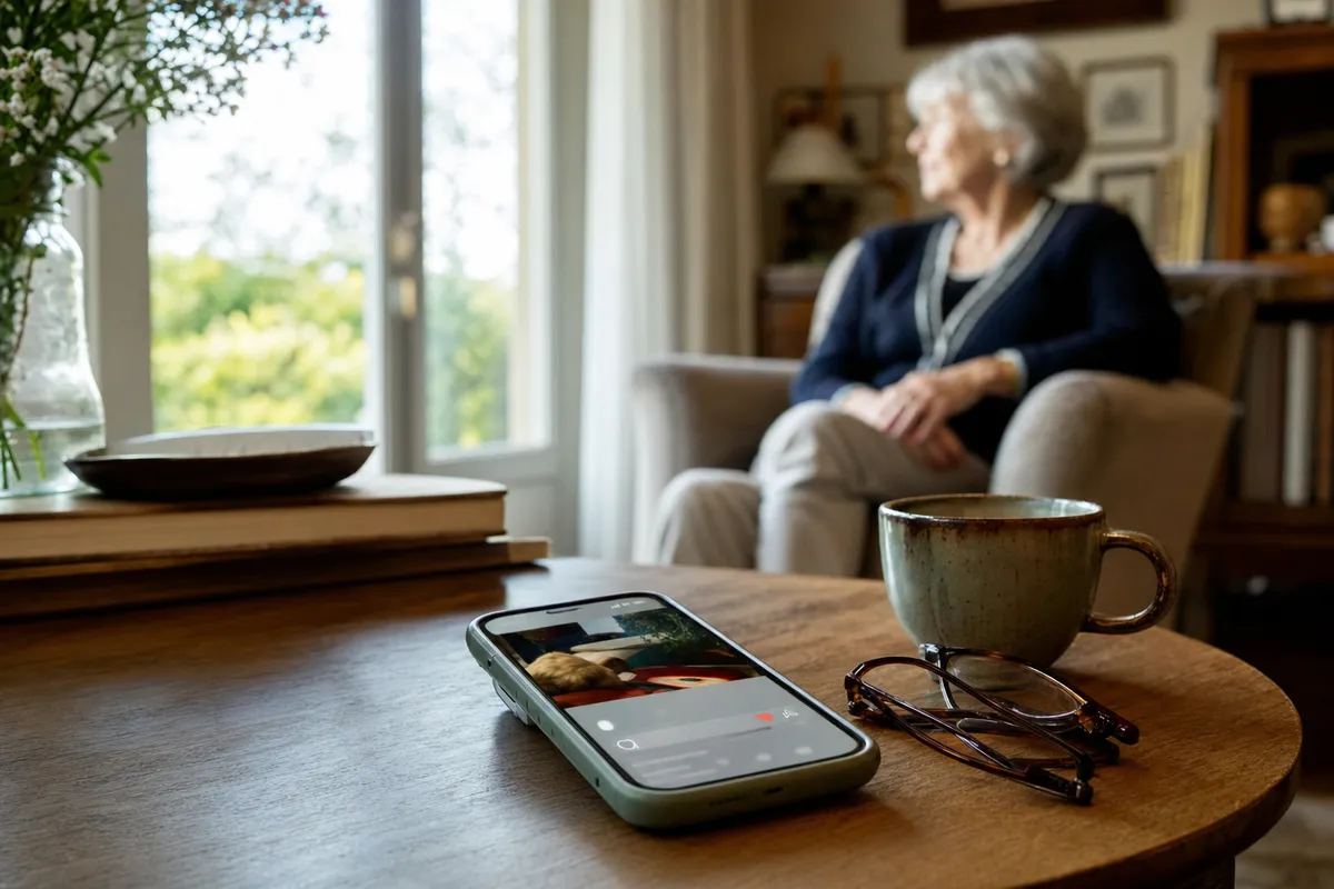 Smartphone con video social sul tavolino accanto a tazza e occhiali, con anziana seduta sfocata sullo sfondo
