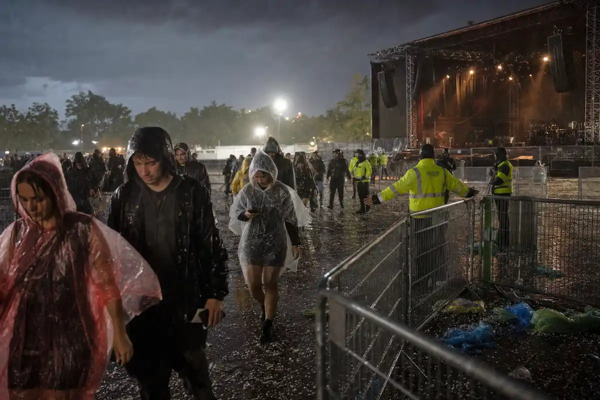 Spettatori in poncho sotto la pioggia e la grandine mentre lasciano un concerto, con palco sullo sfondo e steward in giallo