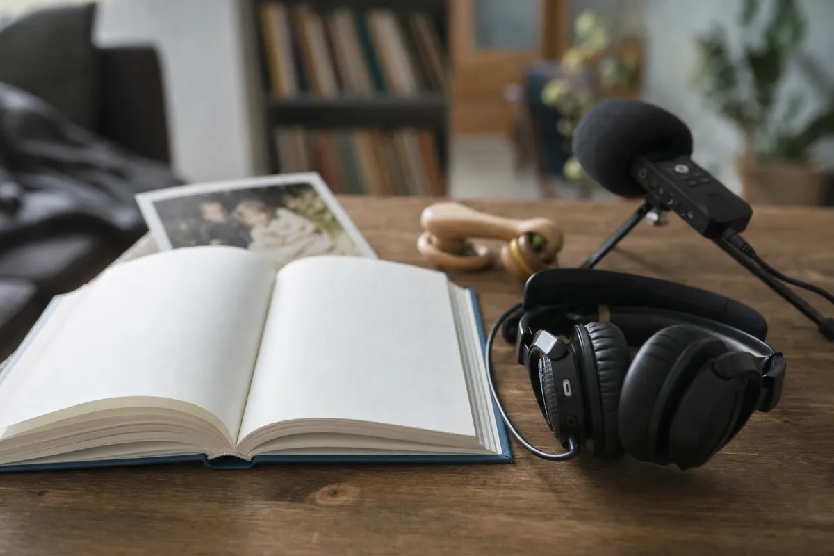 Libro aperto su scrivania con cuffie, microfono, sonaglio in legno e foto sfocata sullo sfondo