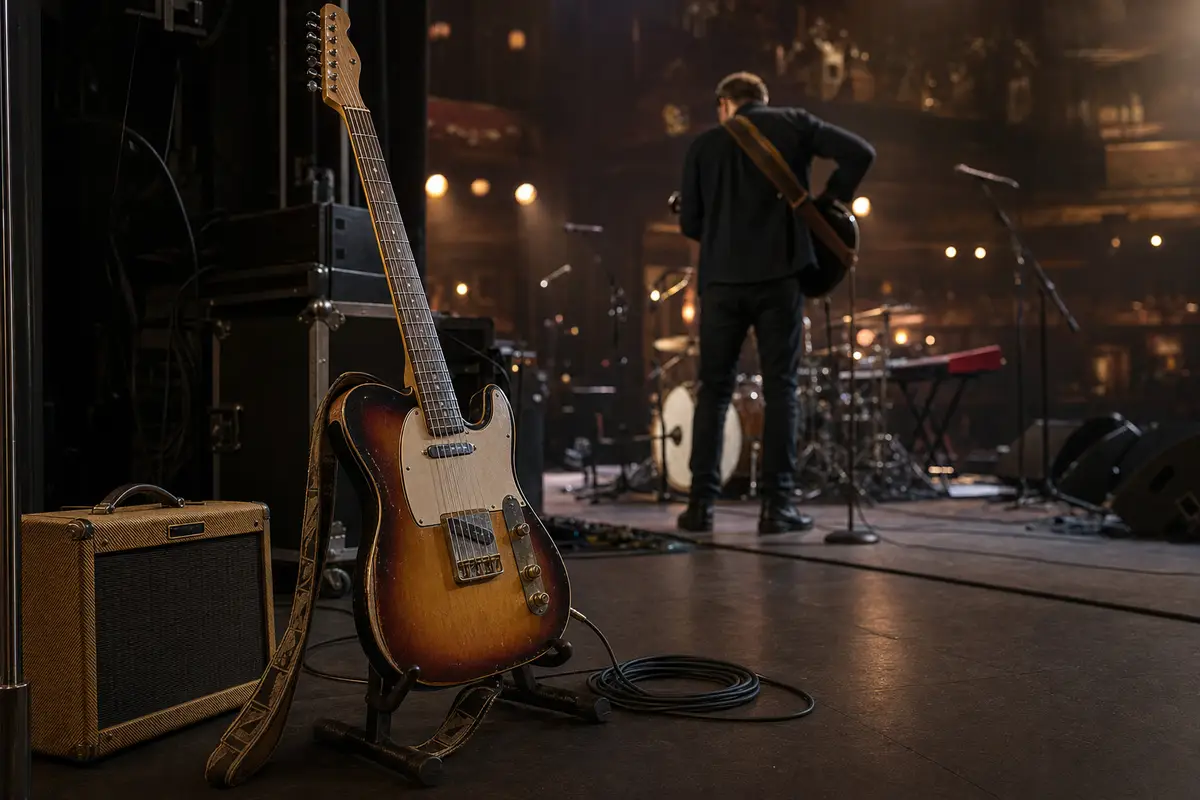 Chitarra elettrica su supporto vicino a un piccolo amplificatore, con palco e musicista di spalle sullo sfondo