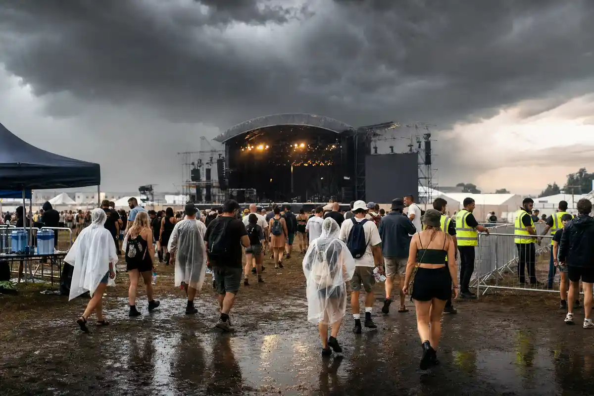Pubblico lascia un festival all’aperto sotto nuvole scure, con palco spento e pozzanghere sul terreno