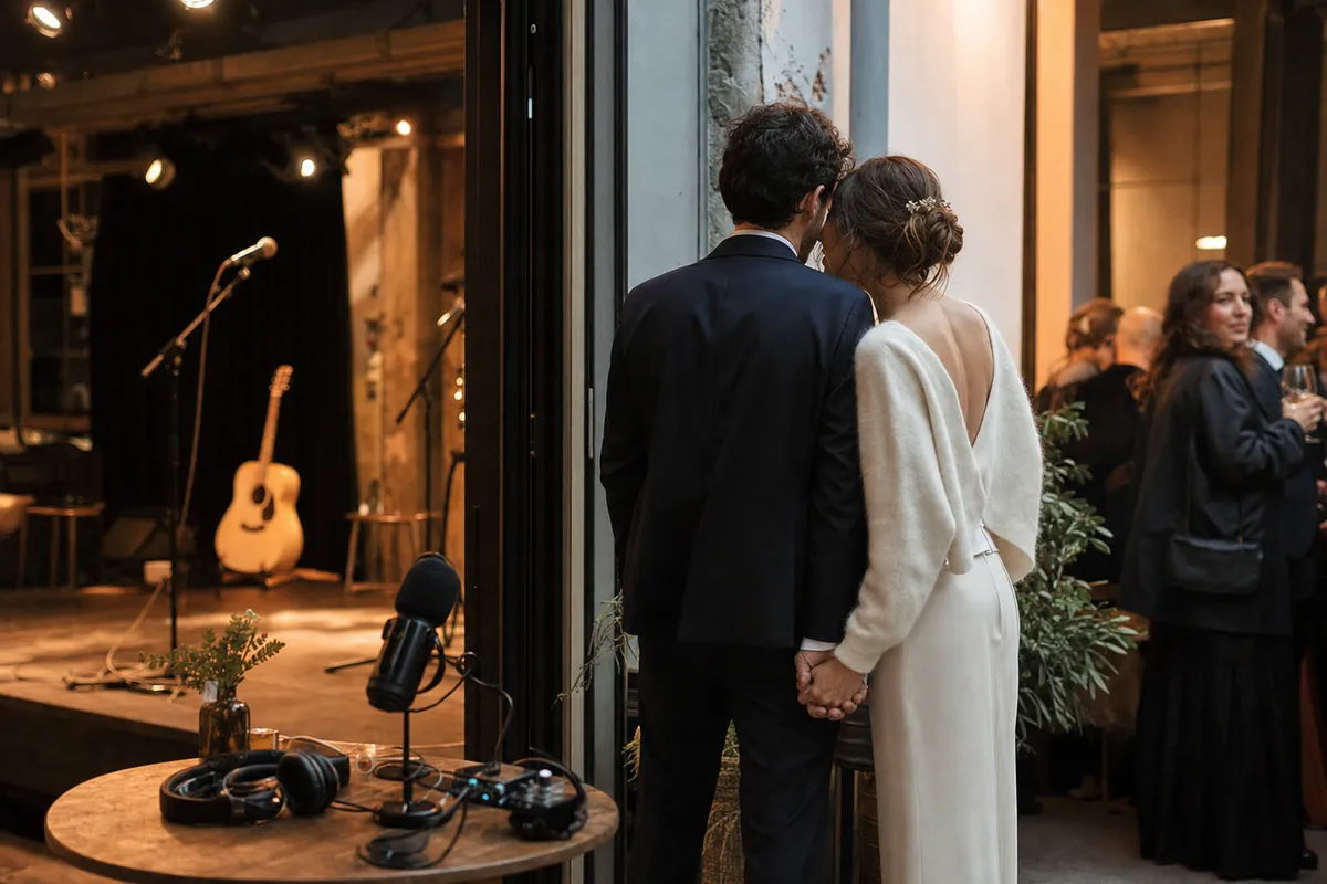 Coppia di sposi vista di spalle all’ingresso di un piccolo club, con chitarra sul palco e microfono da podcast su un tavolo