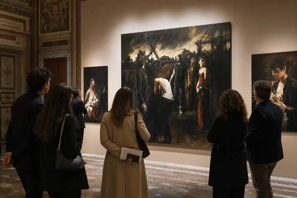 Visitatori osservano grandi tele contemporanee dai toni scuri in una sala espositiva di un palazzo storico