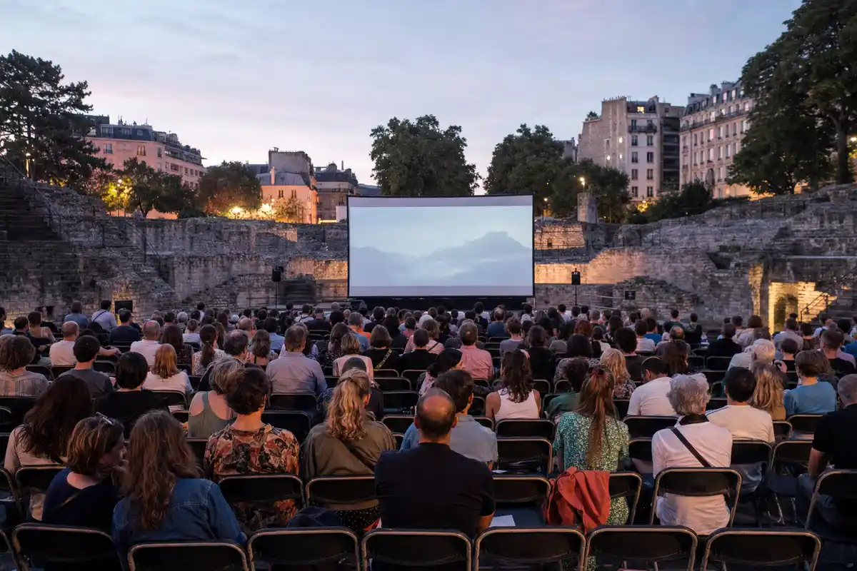 Pubblico seduto in un anfiteatro di pietra al tramonto, davanti a un grande schermo per un cinema all’aperto