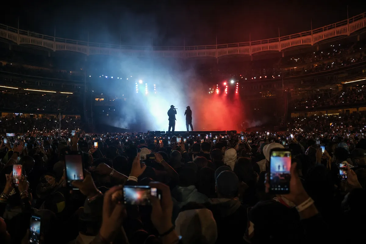 Due rapper in silhouette sul palco di uno stadio di notte, luci blu e rosse e folla con smartphone alzati