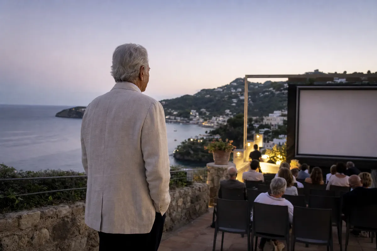 Uomo anziano in giacca di lino osserva un cinema all’aperto al tramonto con vista sul mare