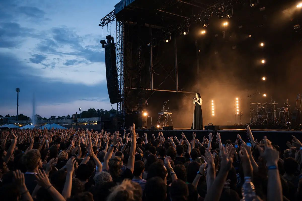 Concerto all’aperto al tramonto con folla e mani alzate, cantante in abito nero sul palco illuminato