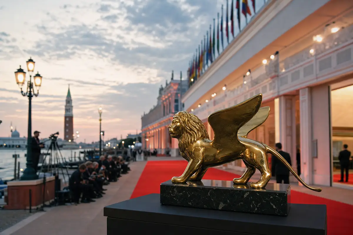 Statuetta dorata a forma di leone su piedistallo, con tappeto rosso e fotografi sul lungomare al tramonto