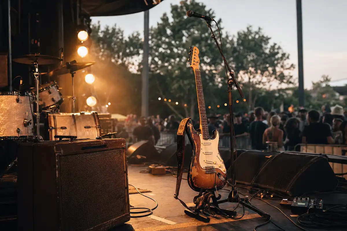 Chitarra elettrica su supporto accanto a microfono e amplificatore, con batteria e pubblico sfocato in un palco all’aperto