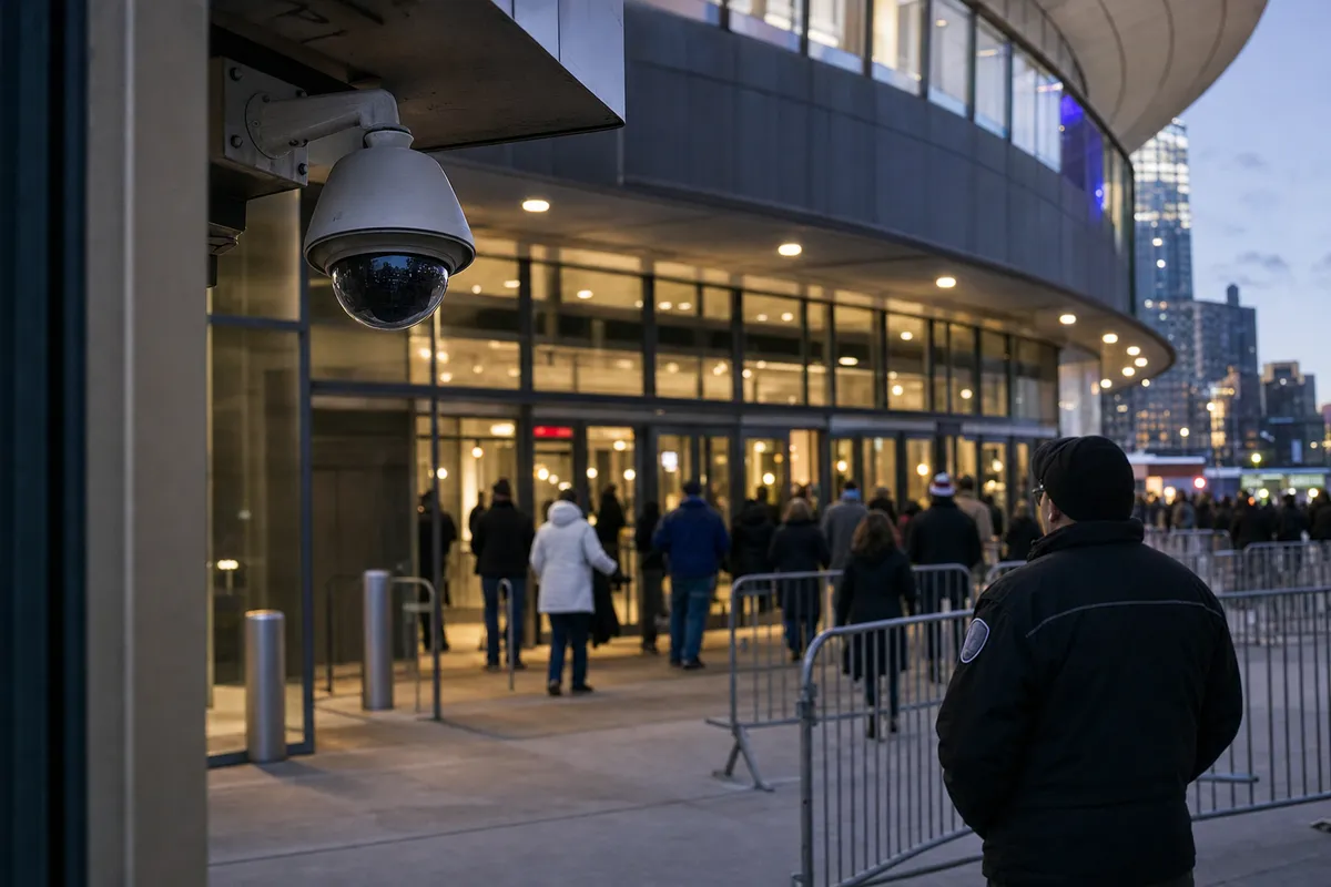 Telecamera di sorveglianza sopra l’ingresso di un’arena, con persone in fila e un addetto alla sicurezza al crepuscolo