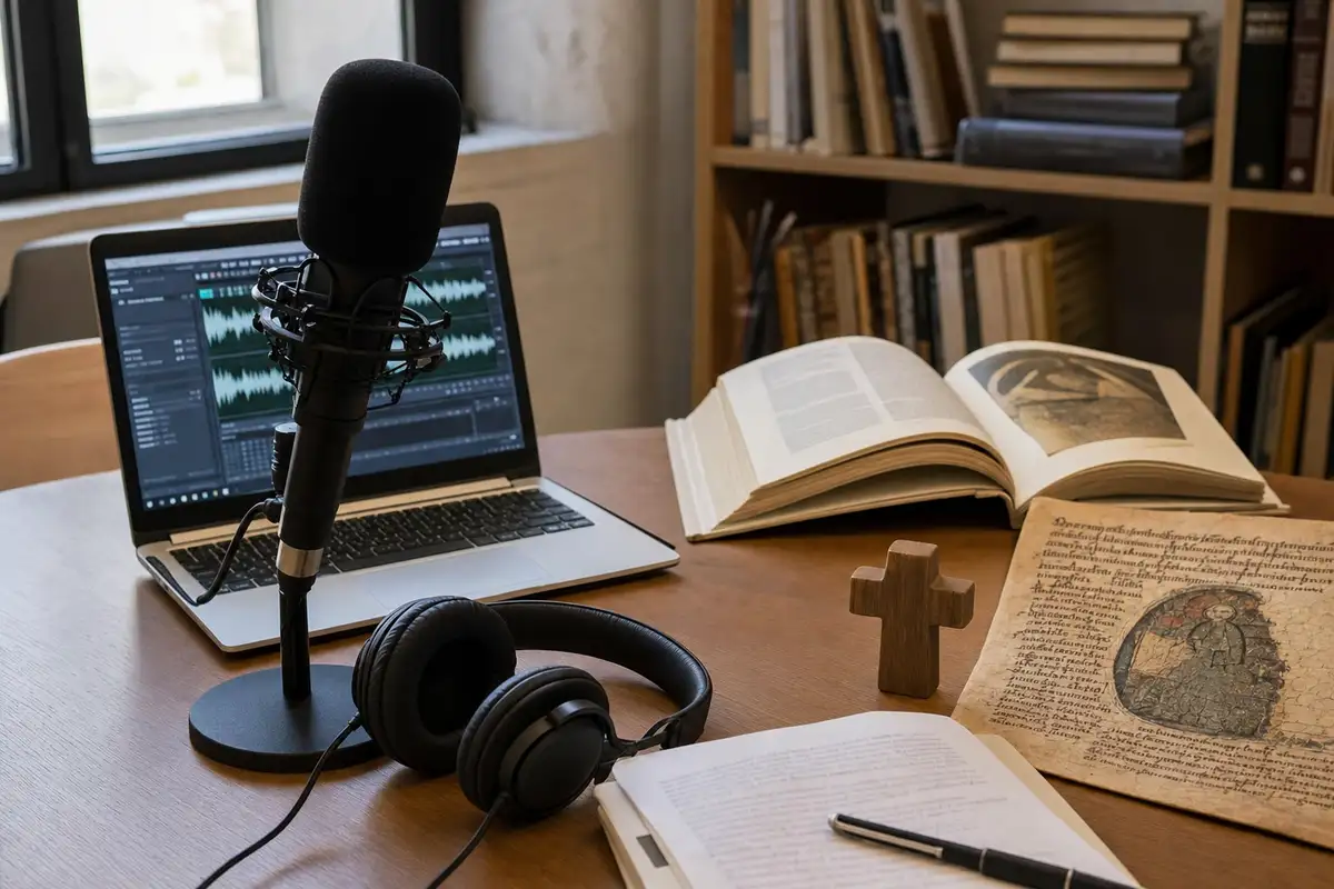 Microfono da podcast con cuffie e laptop con forma d’onda, accanto a libri aperti e un piccolo crocifisso su una scrivania