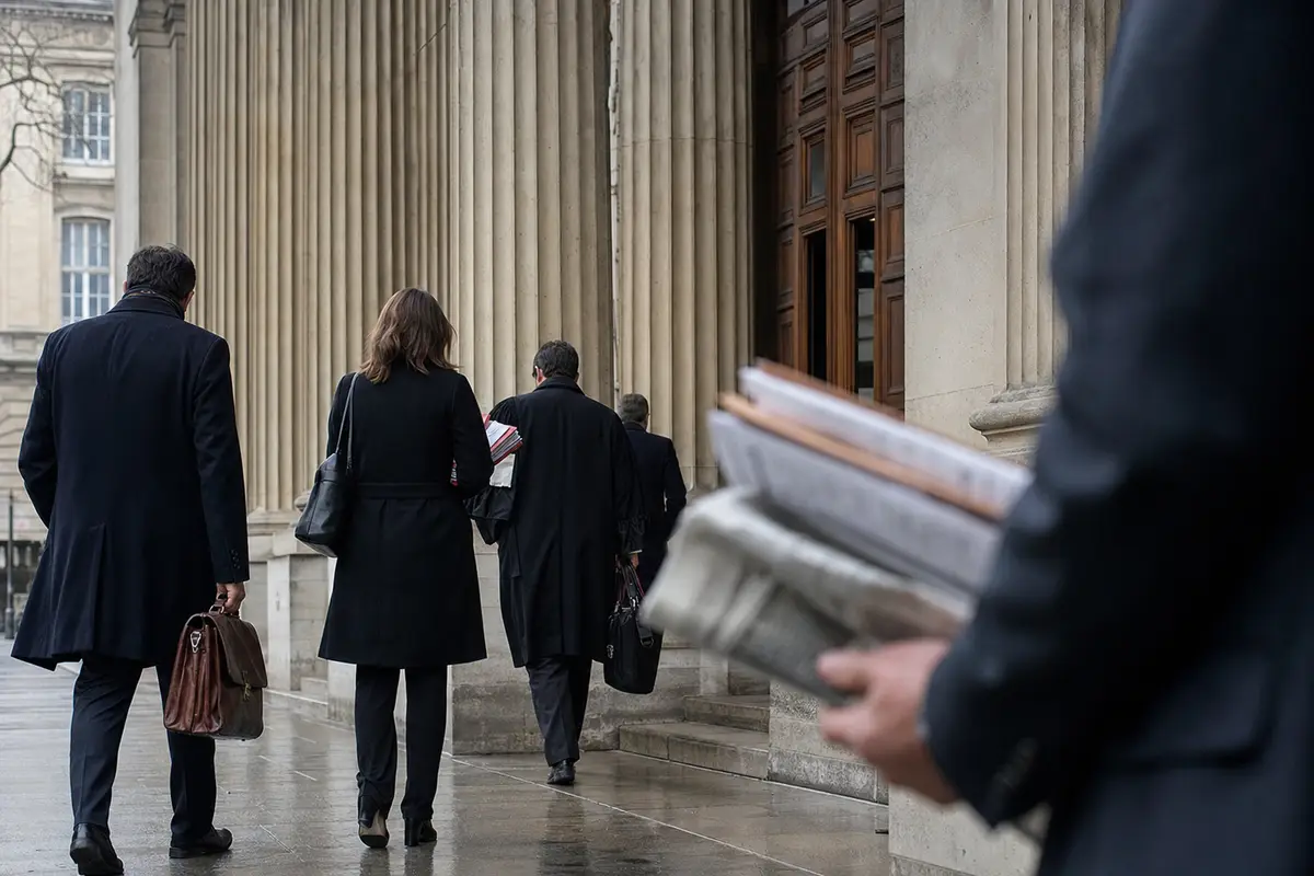 Avvocati in cappotti scuri entrano in un tribunale con colonne in pietra; in primo piano cartelle e giornale sfocati