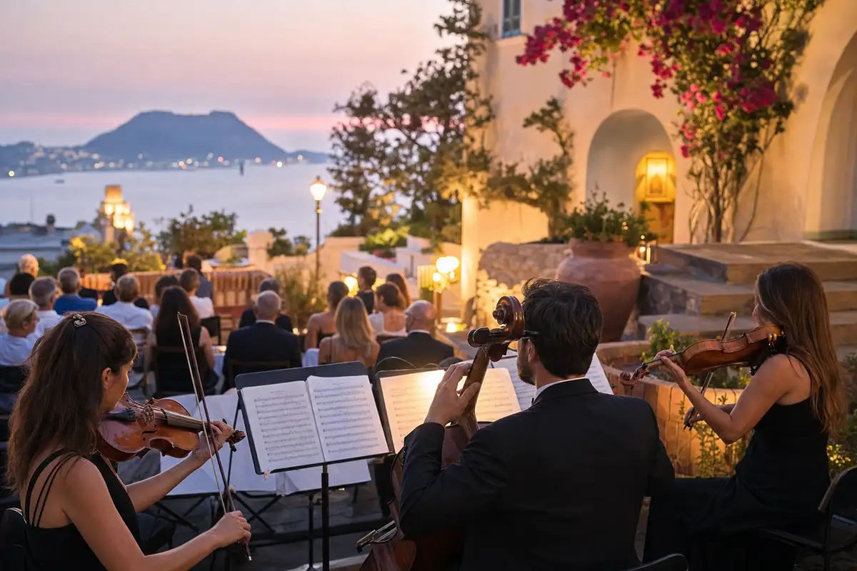 Musicisti con violino e violoncello su una terrazza al tramonto, davanti a pubblico e vista sul mare