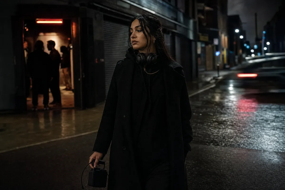Donna in cappotto scuro con cuffie al collo cammina di notte su strada bagnata, con ingresso di un locale illuminato sullo