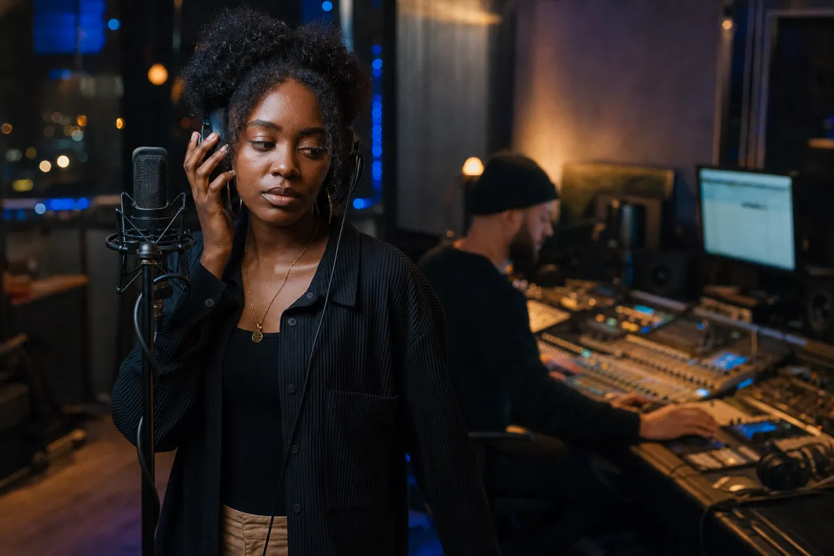 Cantante in studio di registrazione notturno con cuffie e microfono, mentre un tecnico lavora al mixer sullo sfondo