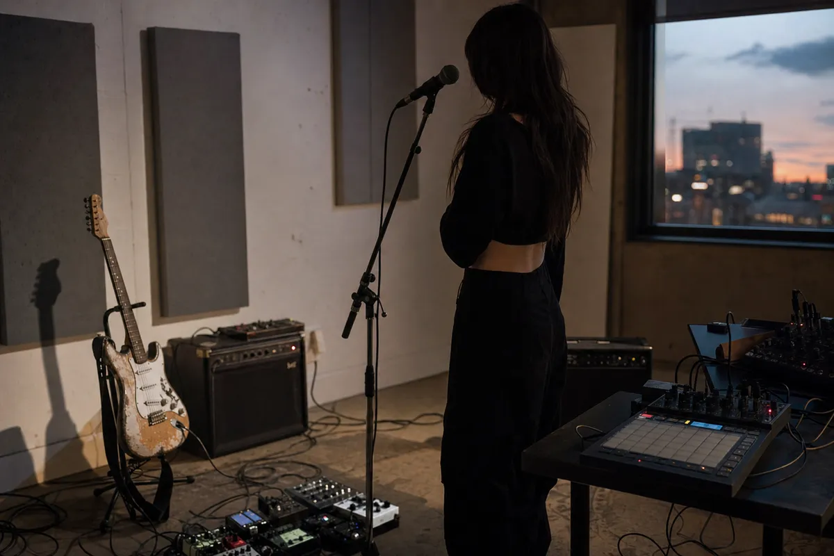 Cantante di spalle in sala prove al microfono, con chitarra elettrica, amplificatore, pedali e sampler su un tavolo