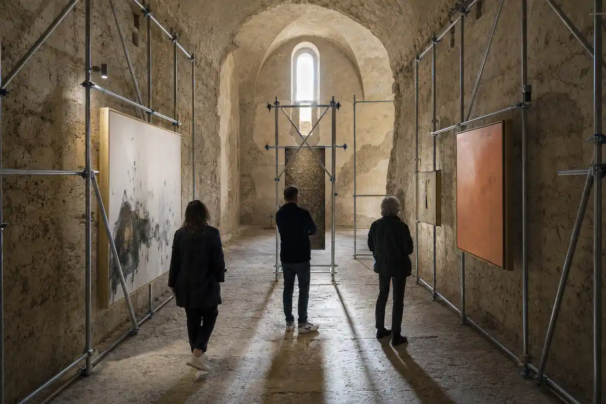 Visitatori osservano opere astratte in una cappella in pietra con strutture metalliche tipo ponteggio e finestra ad arco