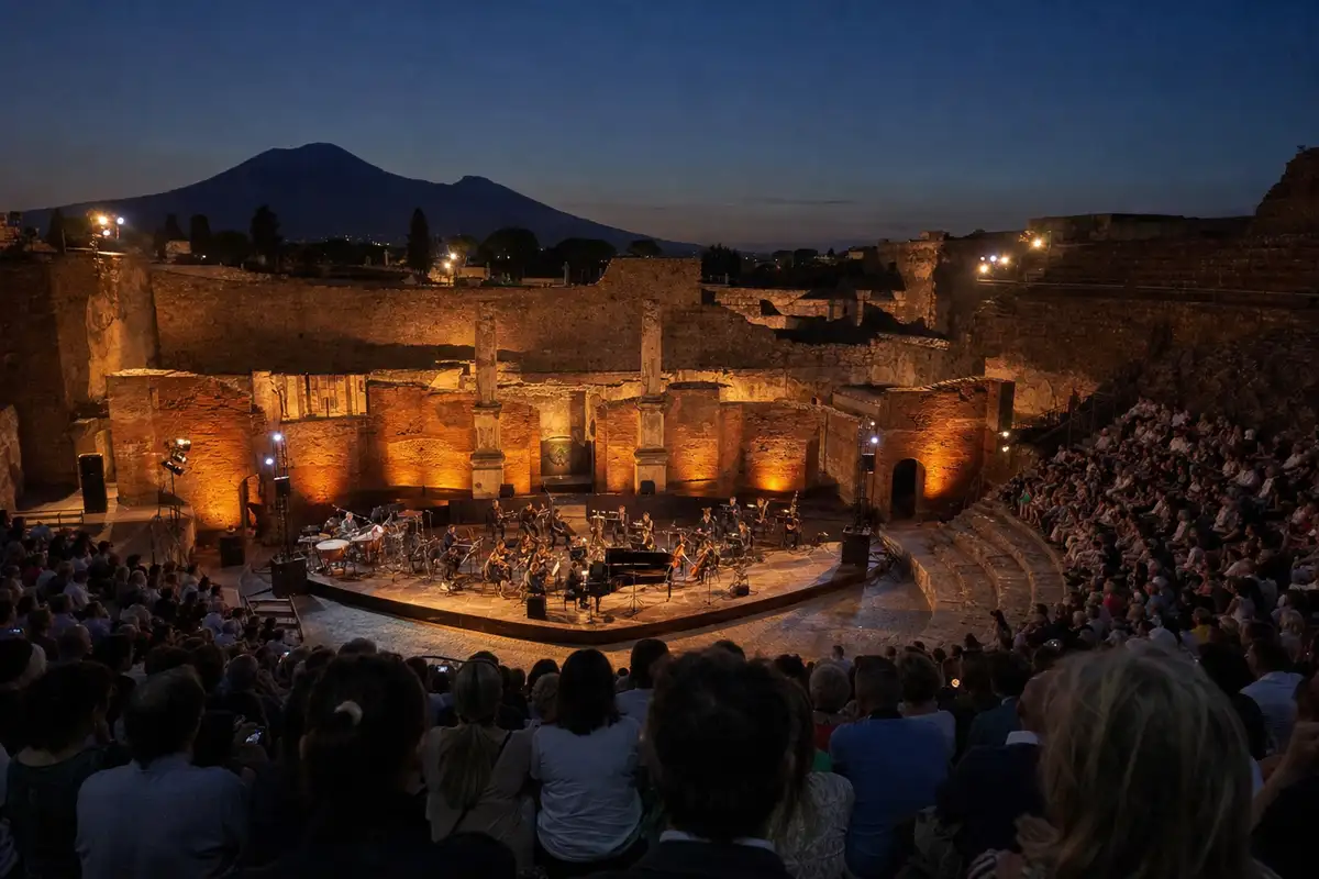 Concerto serale nell’Anfiteatro di Pompei con palco illuminato, orchestra e pubblico sulle gradinate, Vesuvio sullo sfondo