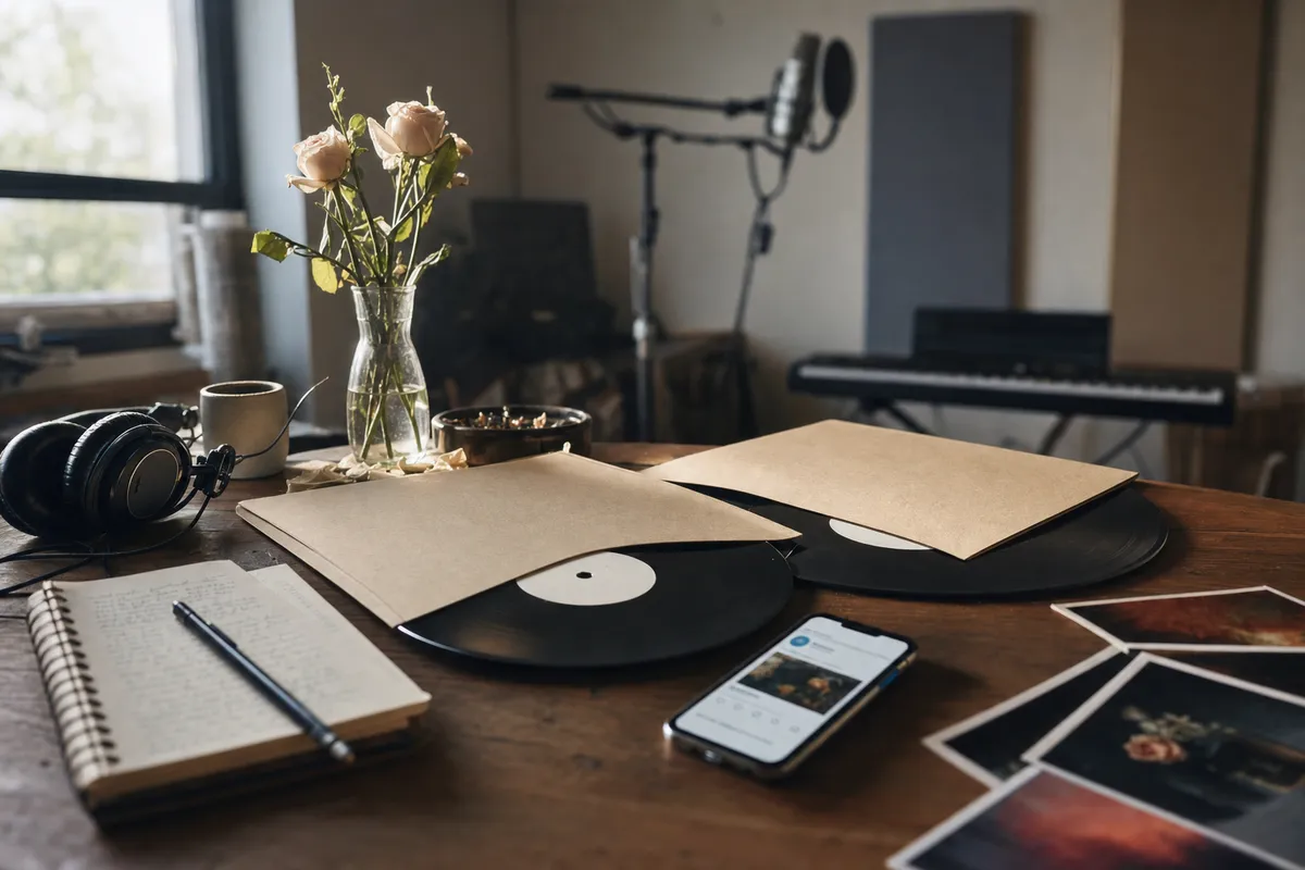 Due dischi in vinile con copertine neutre su un tavolo da studio, accanto a smartphone, taccuino e rose
