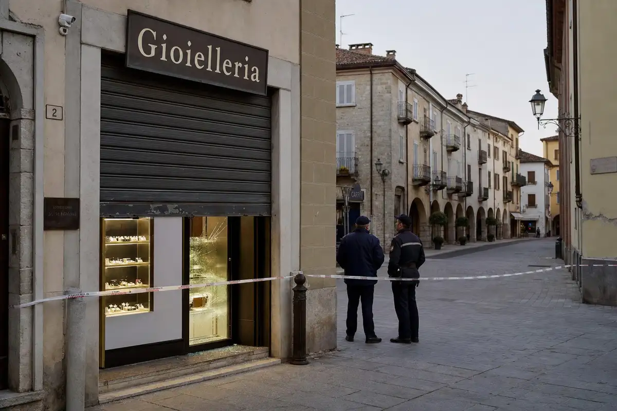Vetrina rotta e saracinesca abbassata di una gioielleria transennata, con due agenti di spalle in strada