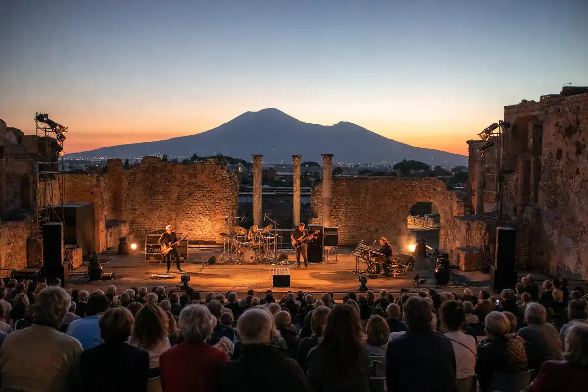 Concerto rock al tramonto nell’anfiteatro di Pompei con pubblico seduto e il Vesuvio sullo sfondo