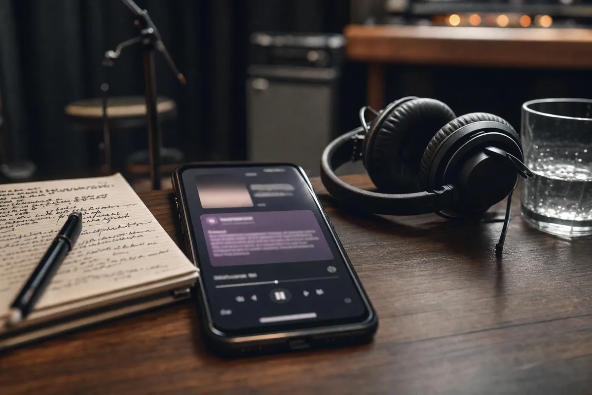 Smartphone con app musicale sfocata su un tavolo, accanto a cuffie da studio e quaderno di appunti