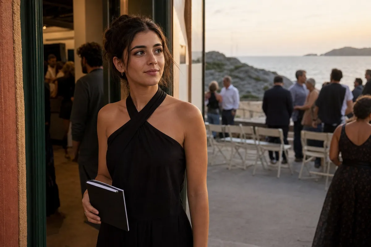 Giovane donna in abito nero con taccuino, a un evento cinematografico sul mare al tramonto