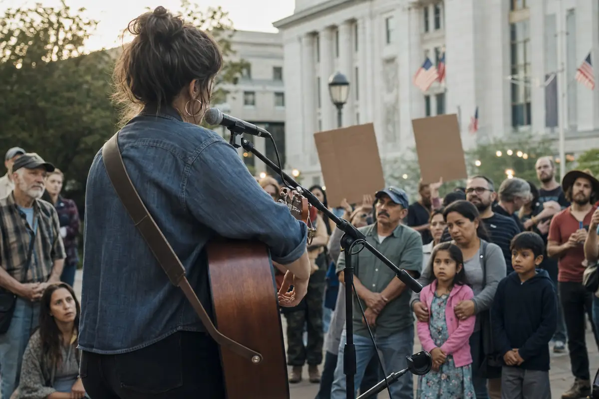 Musicista con chitarra acustica al microfono davanti a un pubblico con cartelli di protesta in una piazza