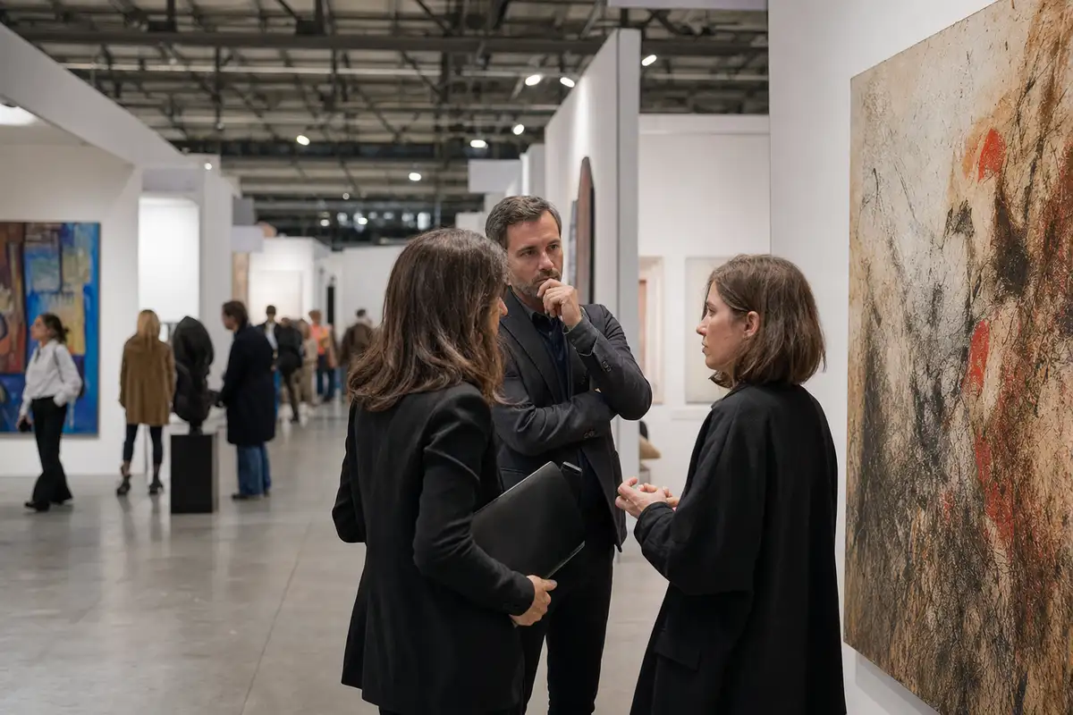 Visitatori in fiera d’arte contemporanea discutono davanti a un grande dipinto astratto in uno stand