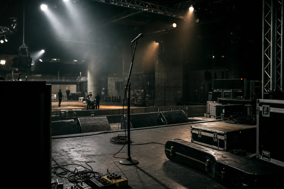 Palco vuoto in un club industriale con asta del microfono, cavi arrotolati e flight case sotto luci fredde