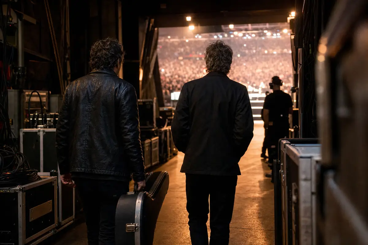 Due musicisti di spalle in un corridoio backstage camminano verso il palco illuminato, con pubblico sfocato sullo sfondo