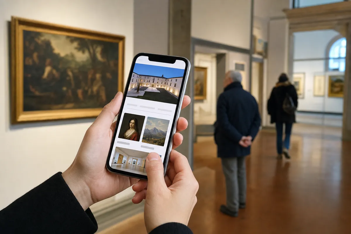 Mani che tengono uno smartphone con un portale museale aperto, sullo sfondo una galleria con quadri e visitatori