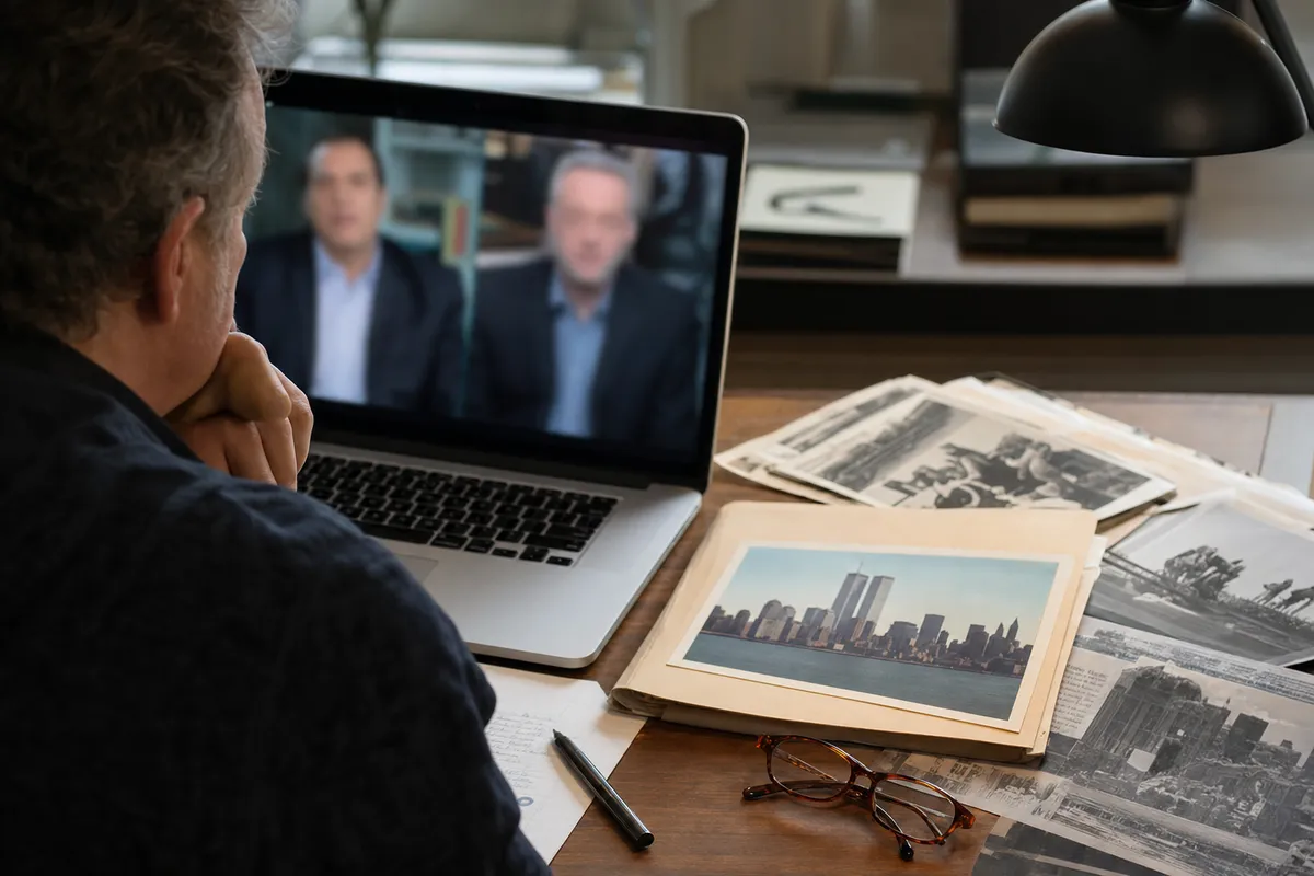 Uomo visto di spalle al desk guarda un’intervista sfocata su laptop, con ritagli di giornale e foto delle Torri Gemelle