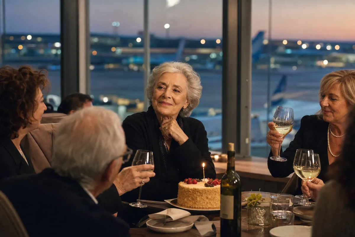 Donna anziana in un lounge aeroportuale brinda con amici accanto a una torta di compleanno e bicchieri di vino