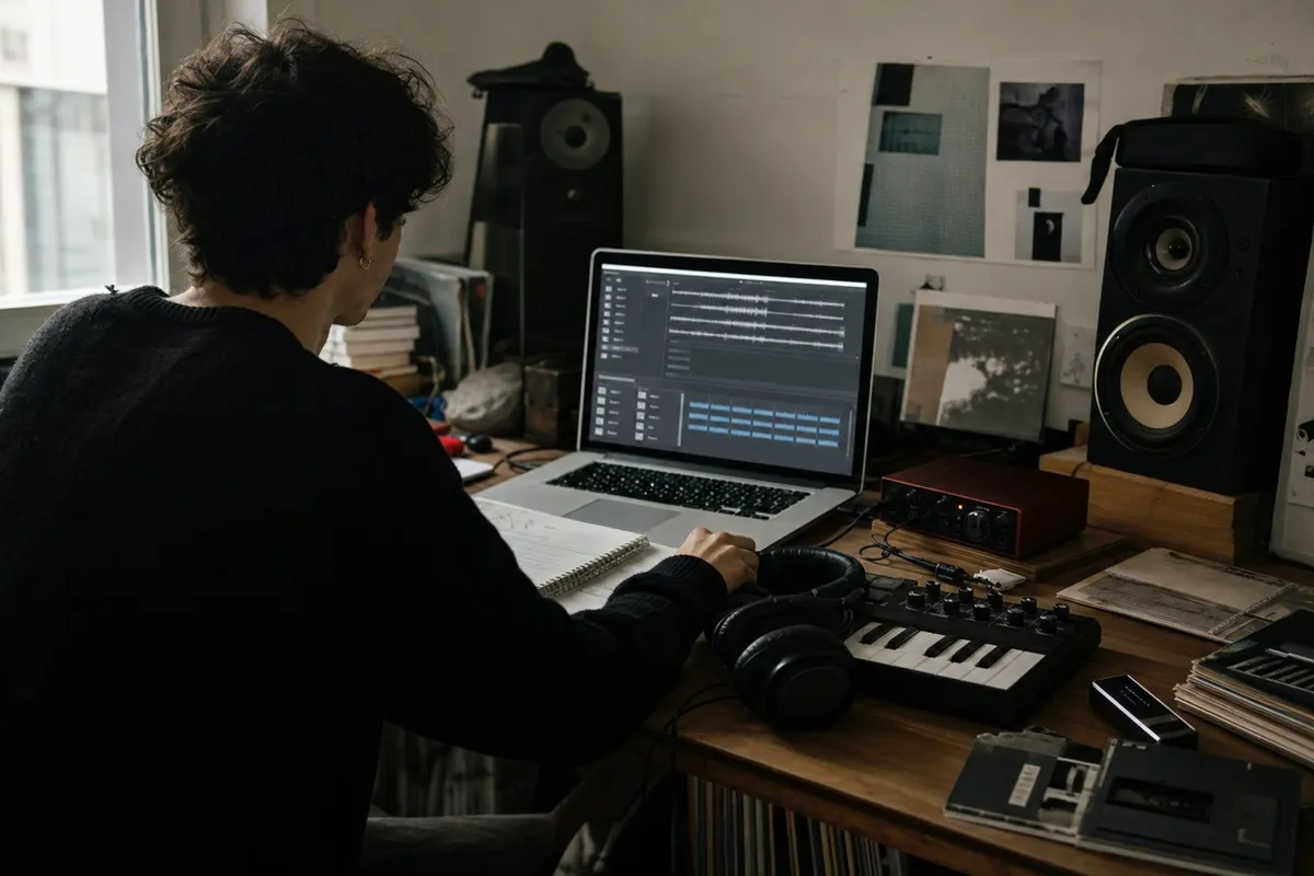 Producer in studio davanti a un laptop con forme d’onda audio, cuffie, controller MIDI e monitor da studio