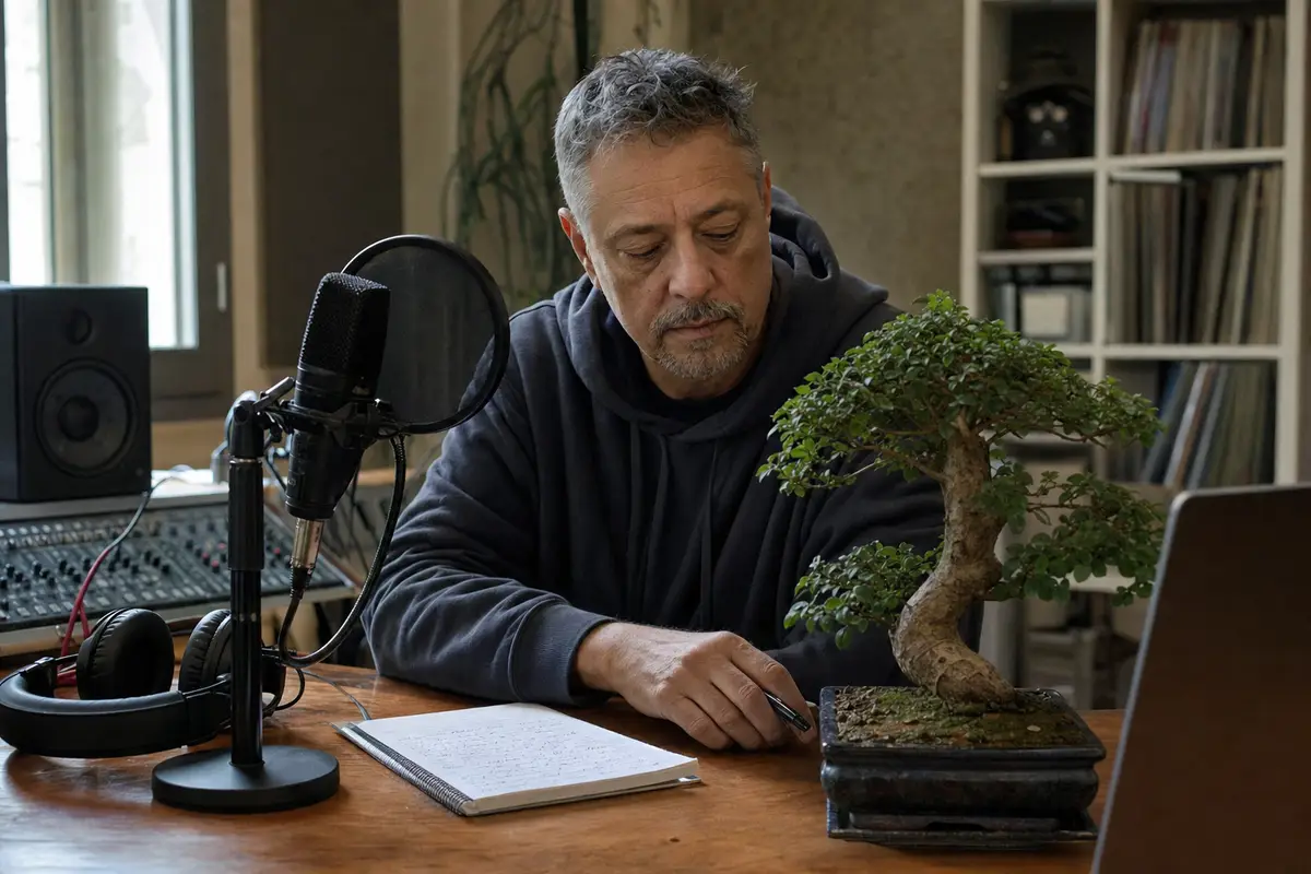 Uomo in studio di registrazione con microfono e cuffie, seduto al tavolo accanto a un bonsai e un quaderno