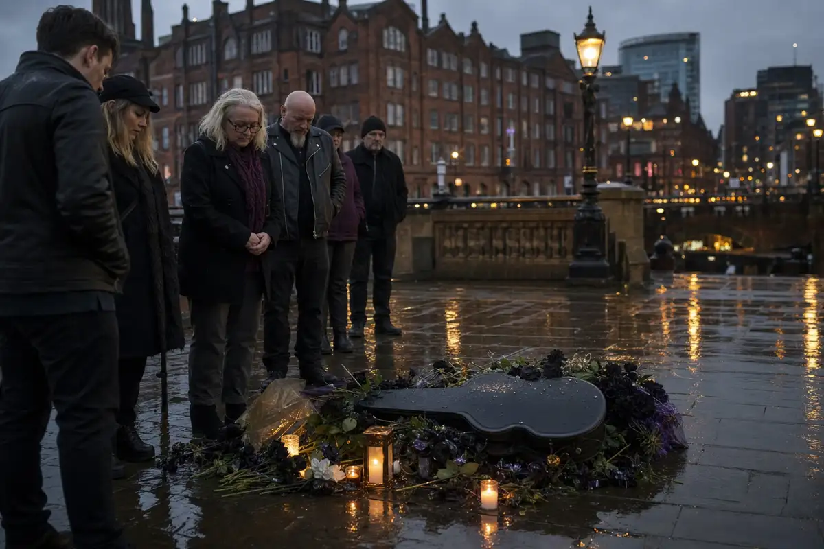 Fan in silenzio attorno a un memoriale con candele e custodia di chitarra su un marciapiede bagnato al crepuscolo