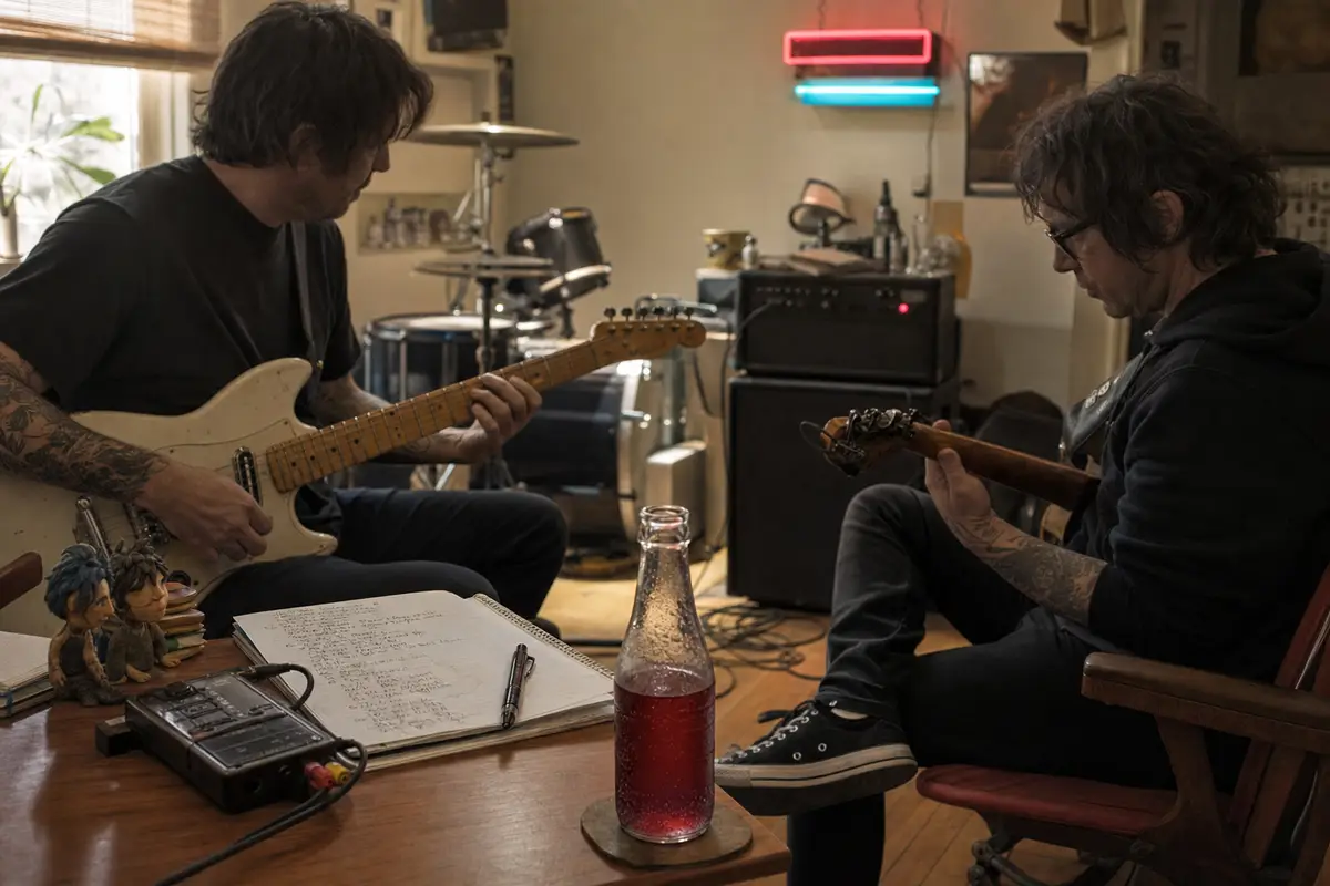 Due musicisti in sala prove con chitarre elettriche, quaderno di appunti e bottiglia di soda rossa in primo piano